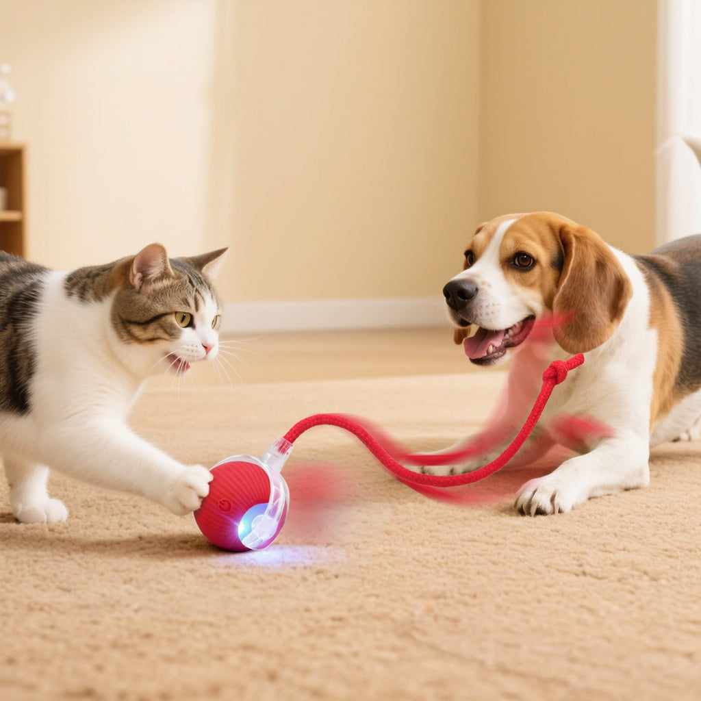 Smart Interactive Automatic Electric Rolling Moving Rechargeable Motion Activated Self Solo Play Electronic Stimulation Chase Teaser Ball Toy with Rope for Indoor Bored Adult Cat and Dog, Red