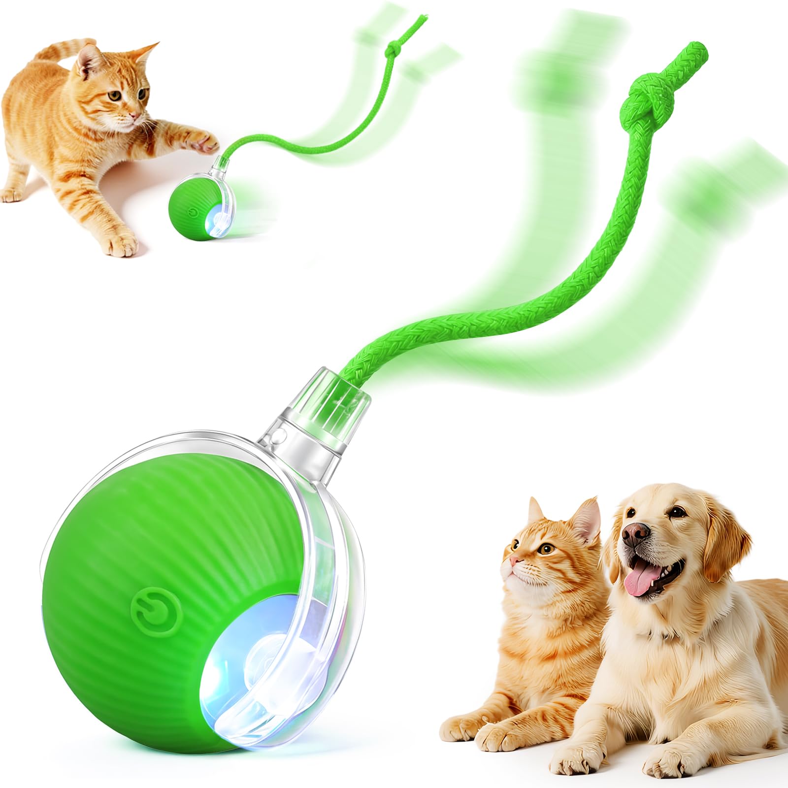 Smart Interactive Automatic Electric Rolling Moving Rechargeable Motion Activated Self Solo Play Electronic Stimulation Chase Teaser Ball Toy with Rope for Indoor Bored Adult Cat and Dog, Red