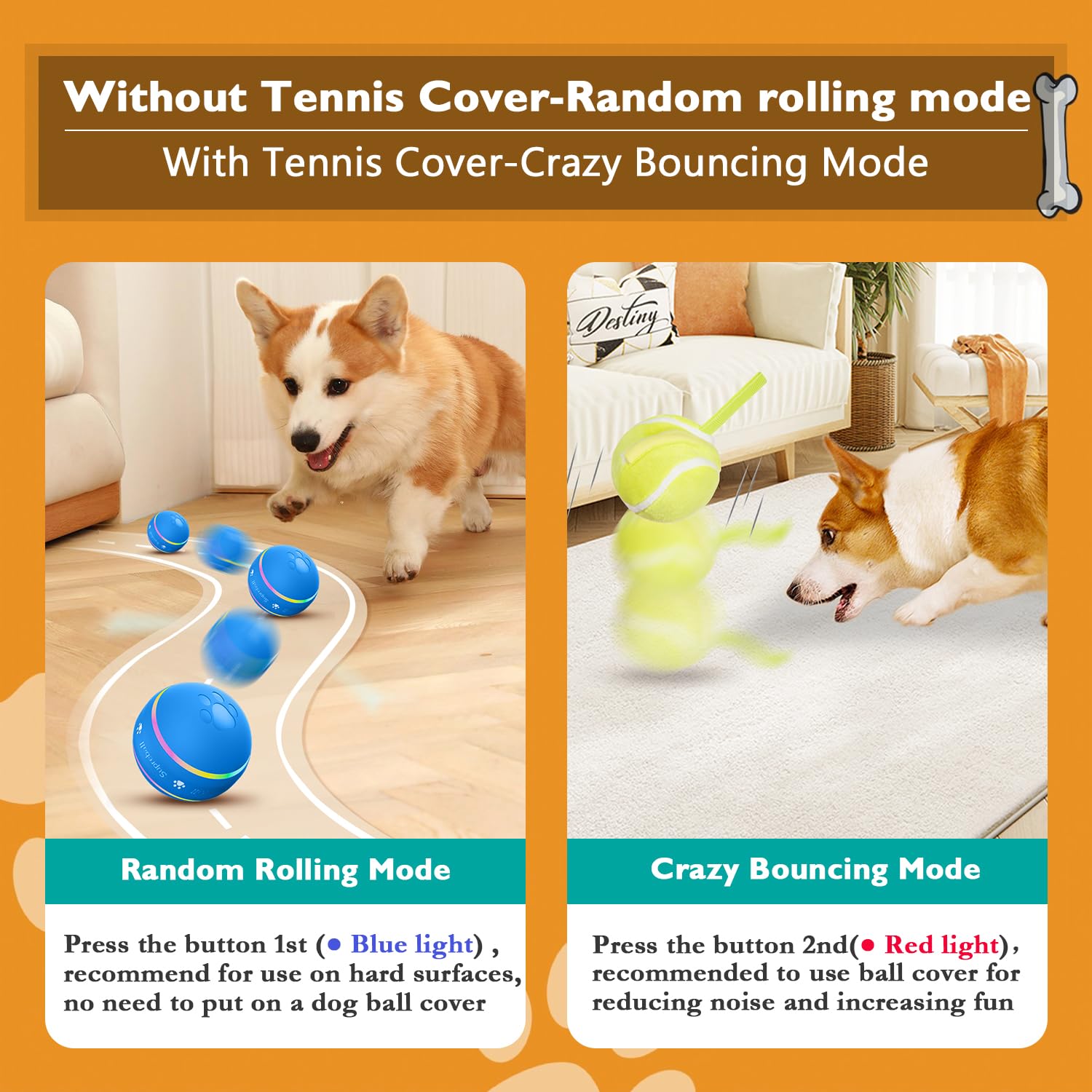 PetDroid Interactive Dog Toys Dog Ball, [Newly Upgraded] Durable Motion Activated Automatic Rolling Ball Toys for/Small/Medium/Large Dogs,USB Rechargeable(Orange)