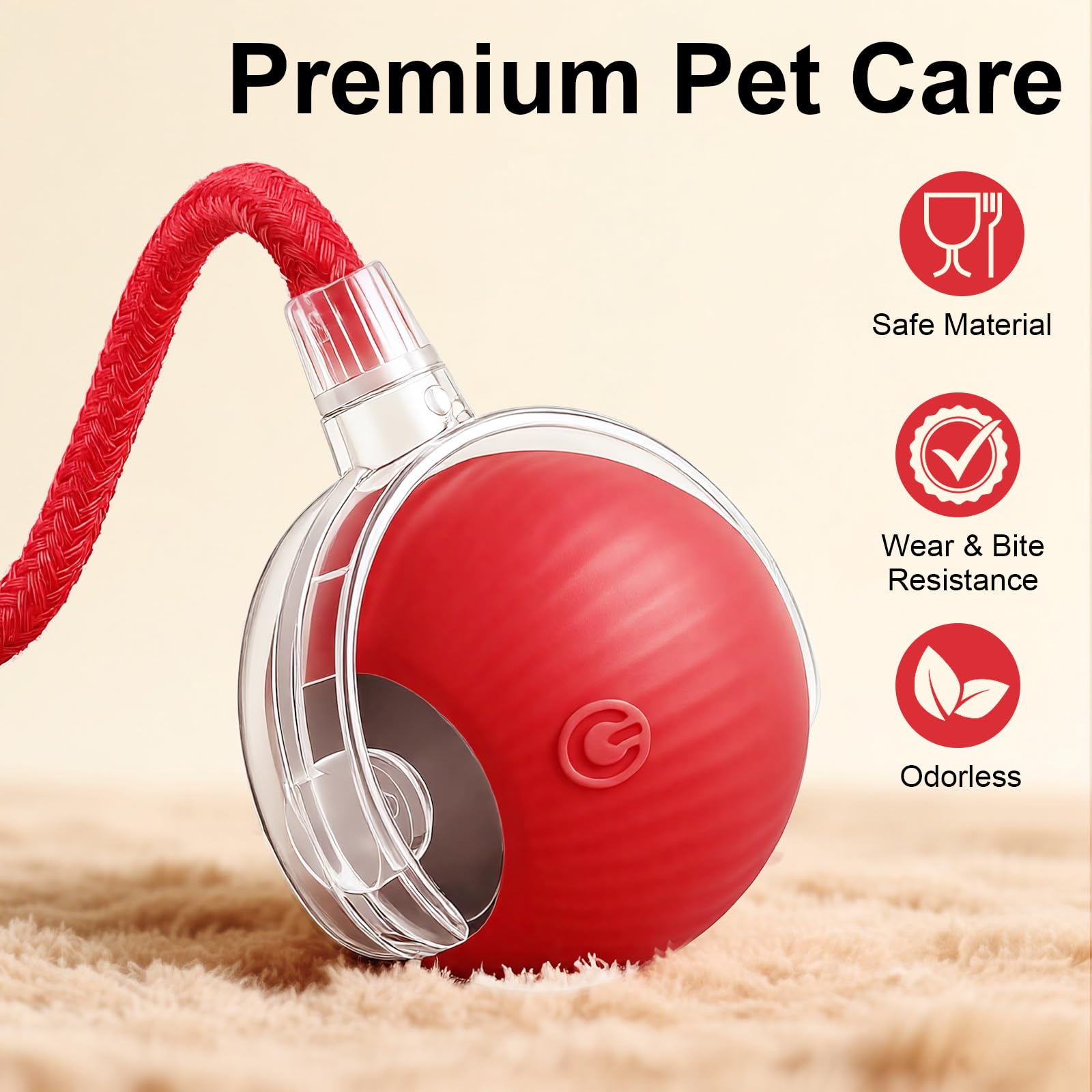 Smart Interactive Automatic Electric Rolling Moving Rechargeable Motion Activated Self Solo Play Electronic Stimulation Chase Teaser Ball Toy with Rope for Indoor Bored Adult Cat and Dog, Red