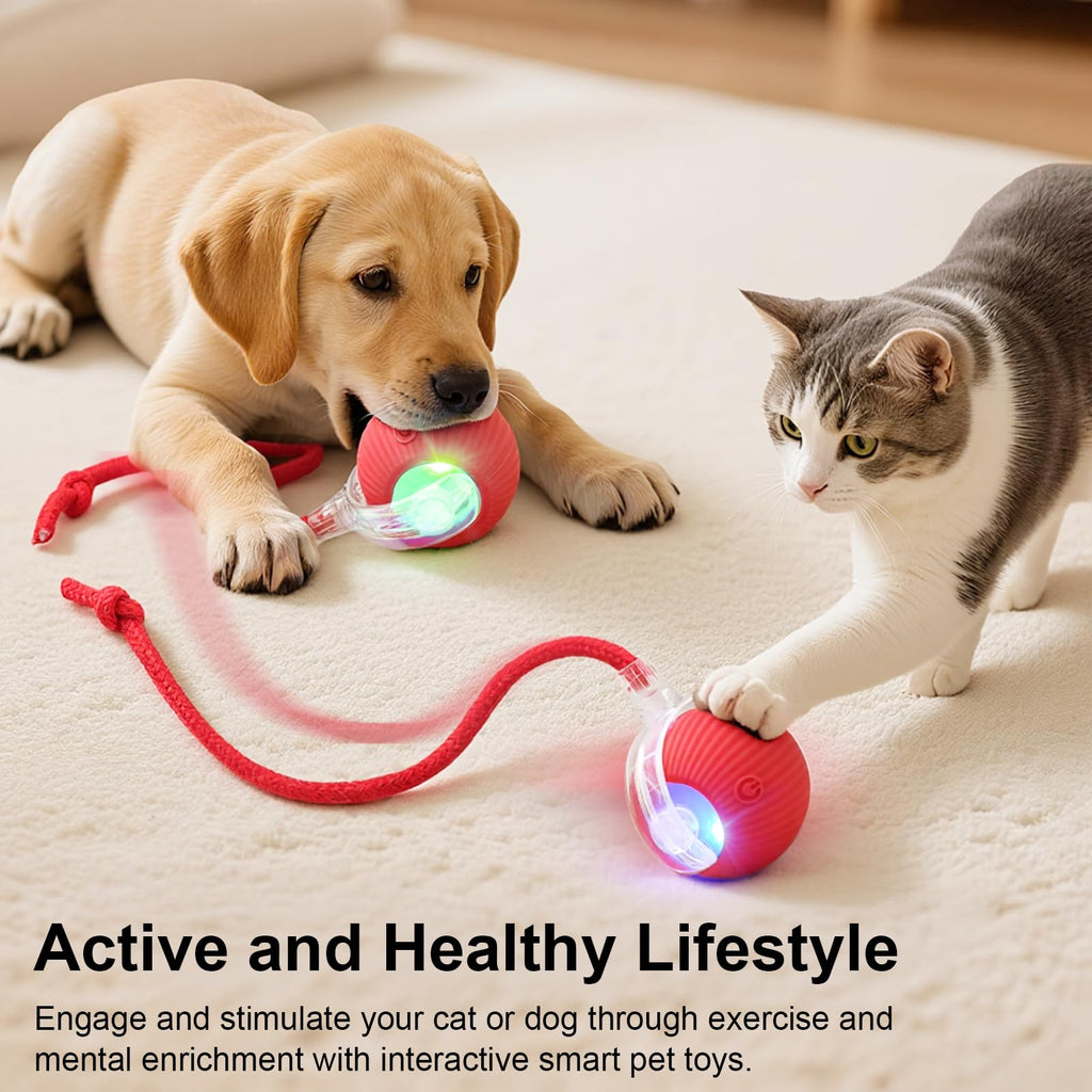 Smart Interactive Automatic Electric Rolling Moving Rechargeable Motion Activated Self Solo Play Electronic Stimulation Chase Teaser Ball Toy with Rope for Indoor Bored Adult Cat and Dog, Red